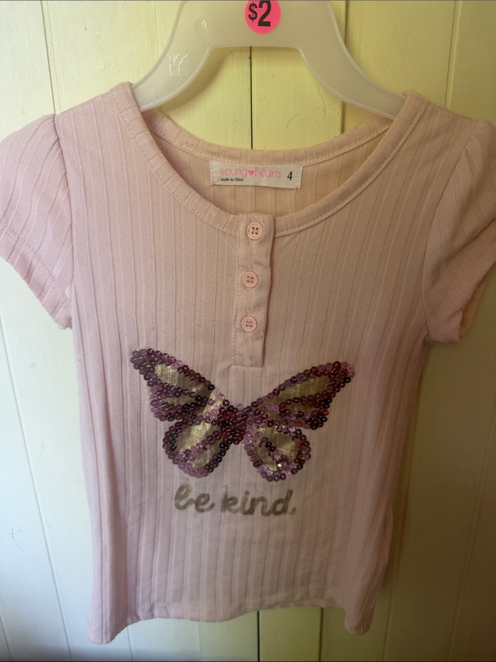 3/$6 Young Hearts Pink Sequin “be kind” Butterfly Tee